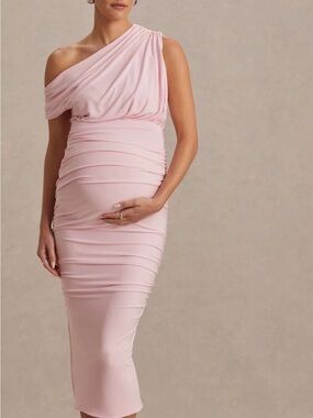 Club L London Blush Pink Asymmetric-Neck Maternity Midi Dress